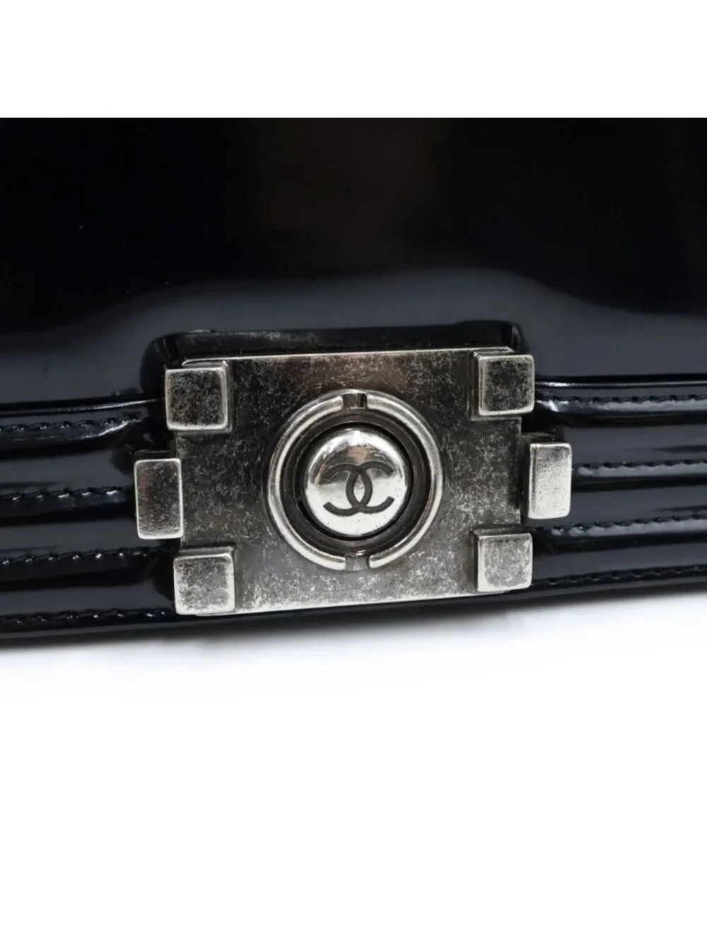 Chanel Boy Shoulder Bag Patent Leather Black Silver
